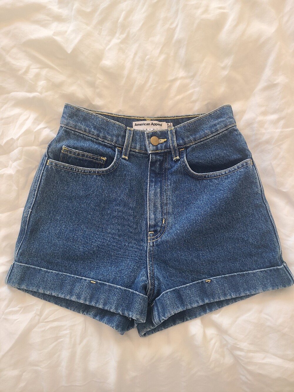 American Apparel Blue High-Rise Denim Cuffed Shorts